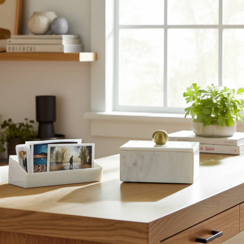 Marble Rectangular Box with Removable Lid - White, 7 in.