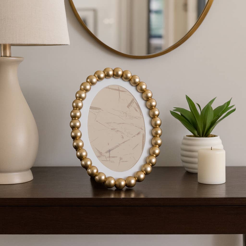 Photo Frame - Gold Glass Matted Round Beaded, 7x9 in.