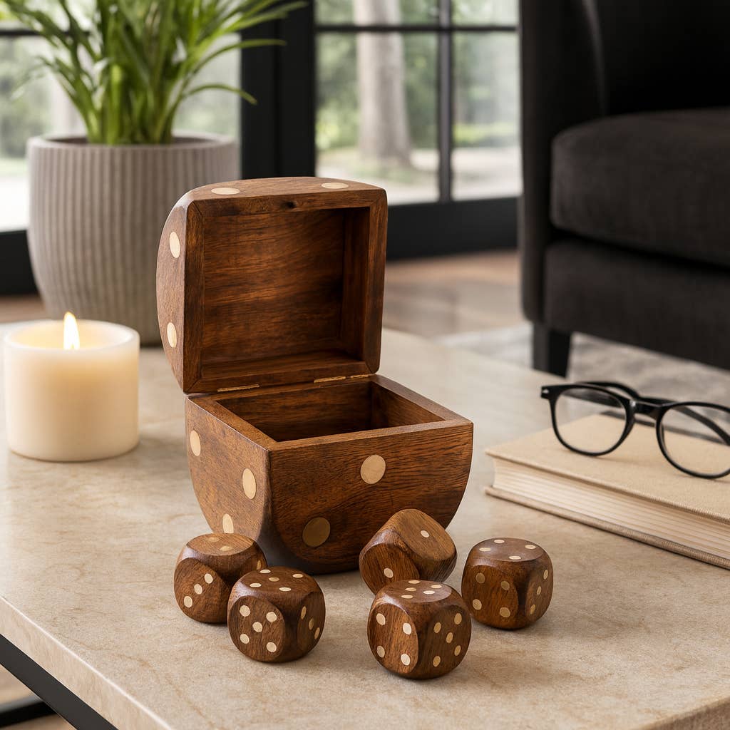 Box Game Set - Brown Mango Wood - Dice Shaped Storage
