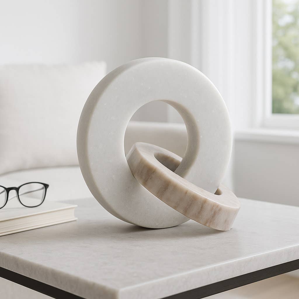 Sculpture Double Ring - White/Beige Marble Finish, 6 in.
