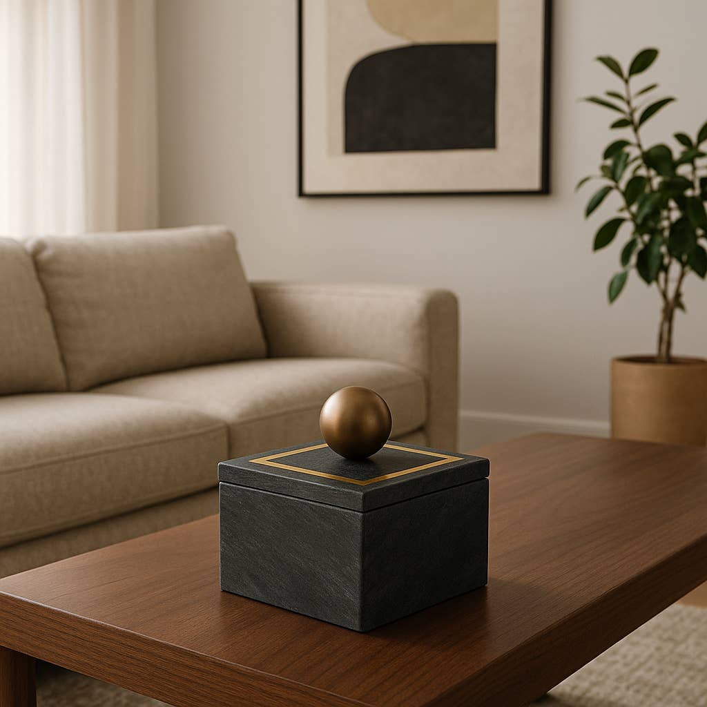 Marble Modern Square Storage Box with Knob - Black, 5 in.