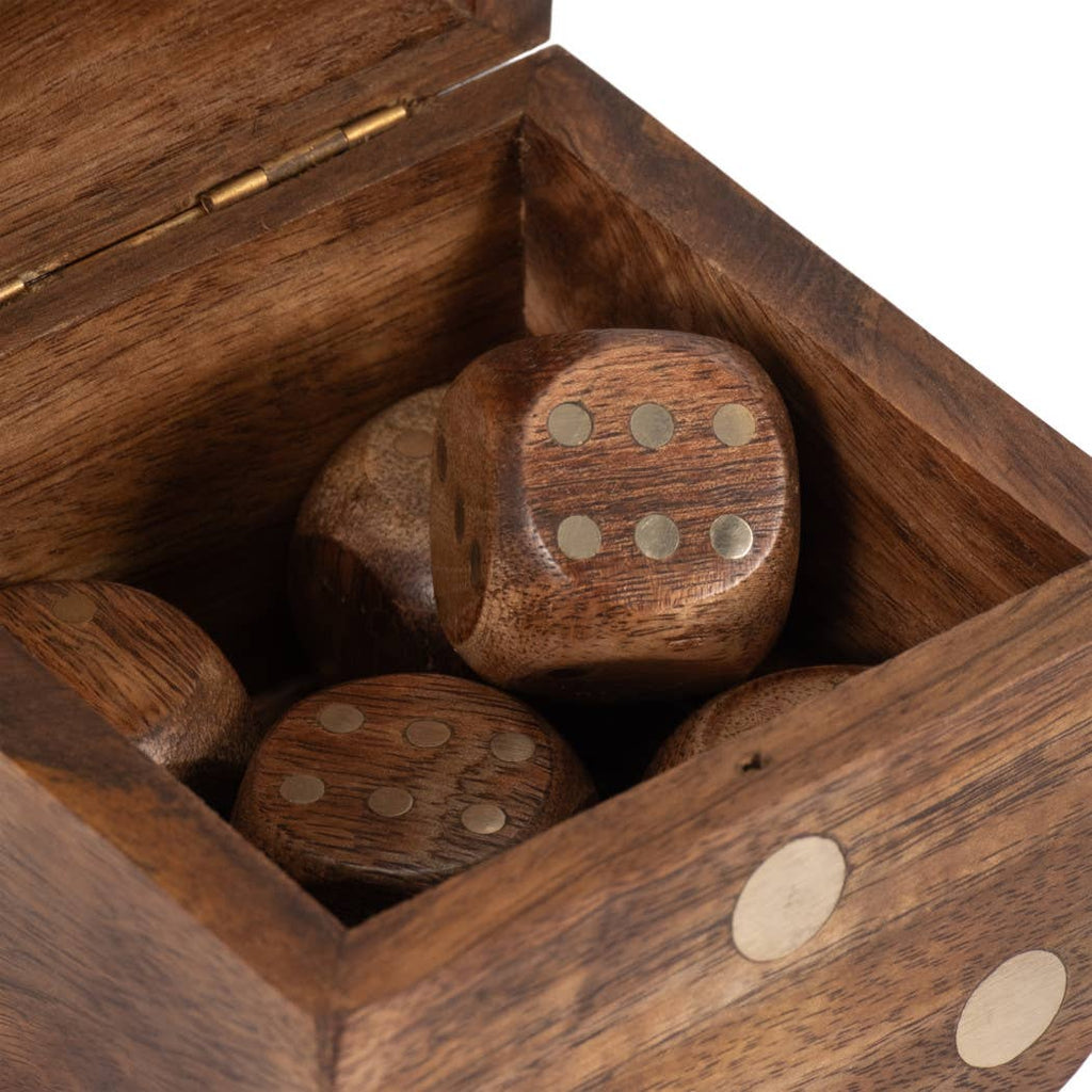 Box Game Set - Brown Mango Wood - Dice Shaped Storage