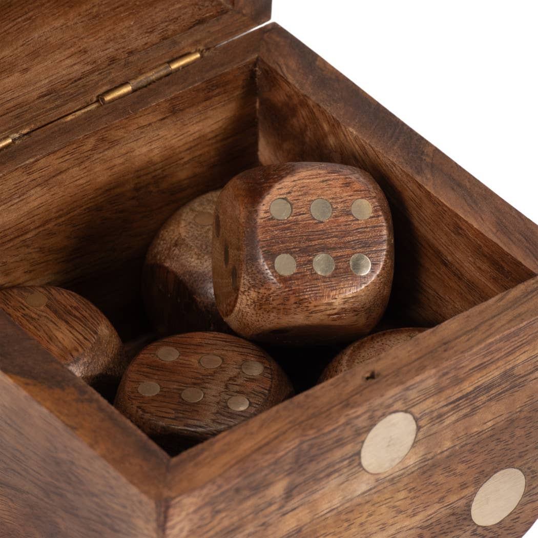 Box Game Set - Brown Mango Wood - Dice Shaped Storage