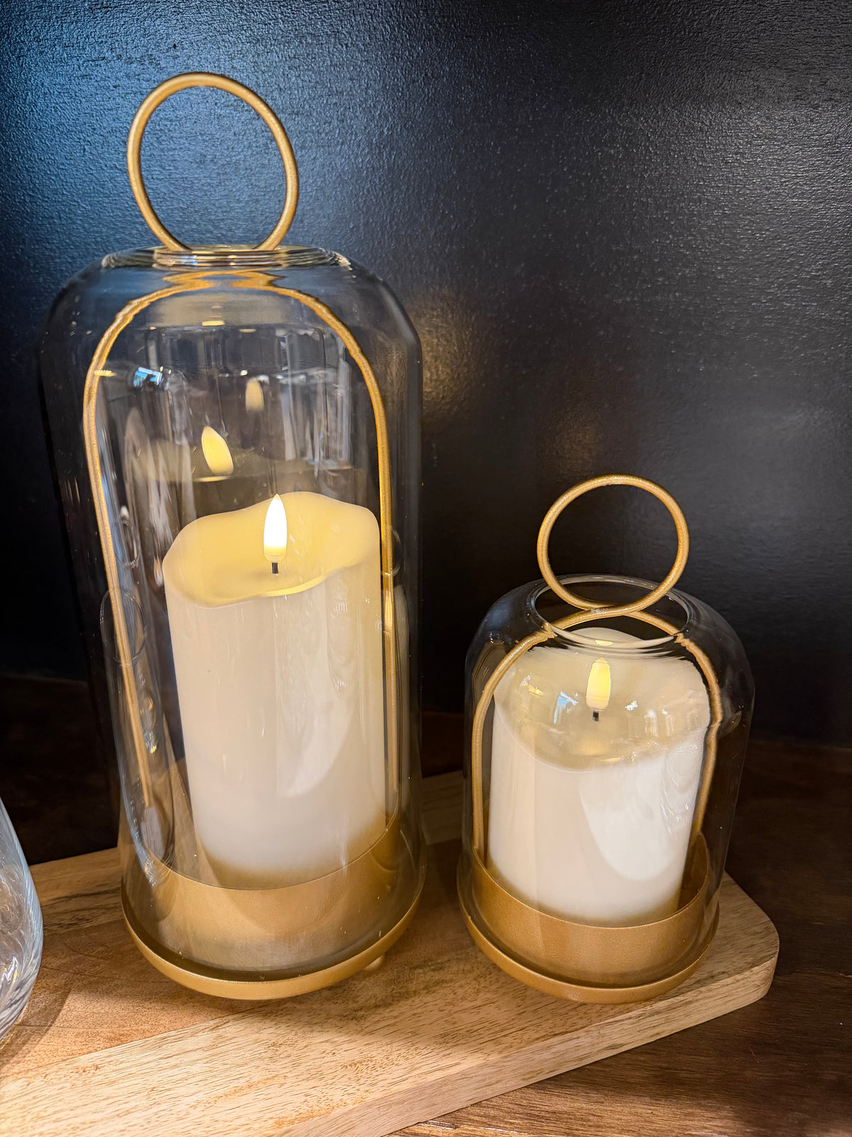 Glass and Gold Cloches with Flameless Pillar Candles, Set of 2