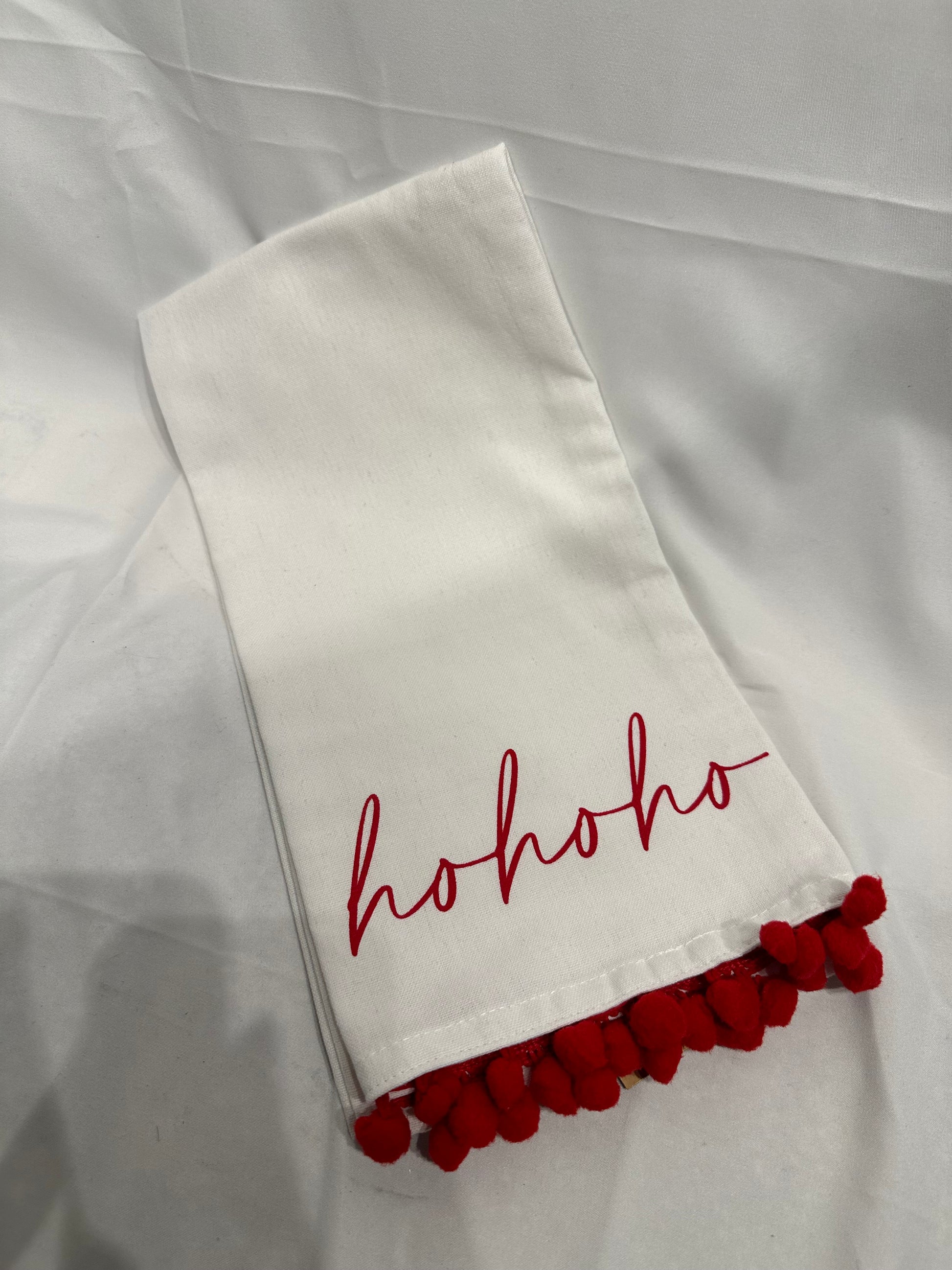 HoHoHo Pom Pom Hand Towel  - White/Red -  20" x 28"