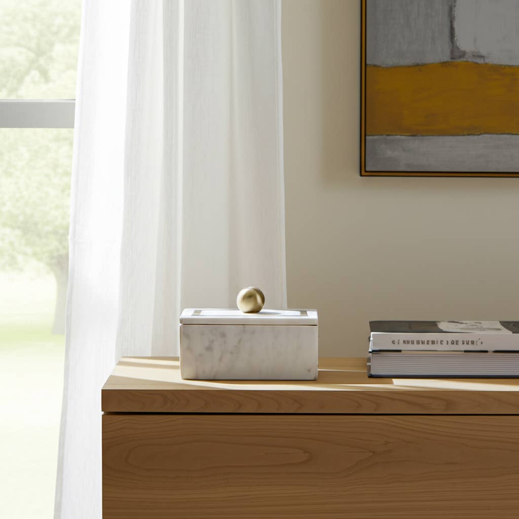 Marble Rectangular Box with Removable Lid - White, 7 in.