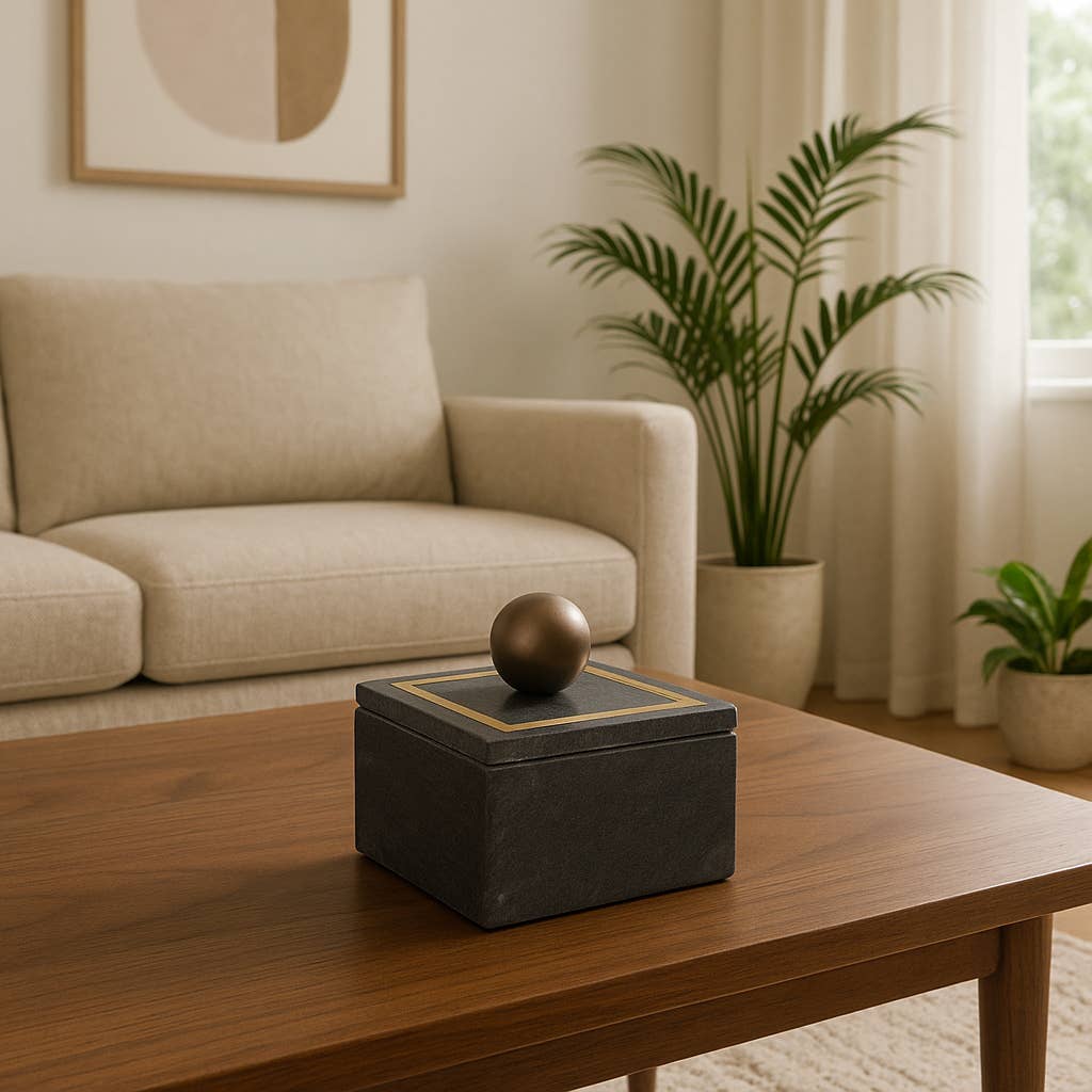 Marble Modern Square Storage Box with Knob - Black, 5 in.
