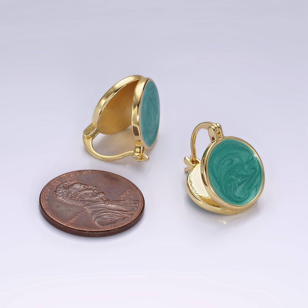 14K Gold Filled Teal, White Enamel Round Triangle Latch Hoop Earrings | AE996 AE997