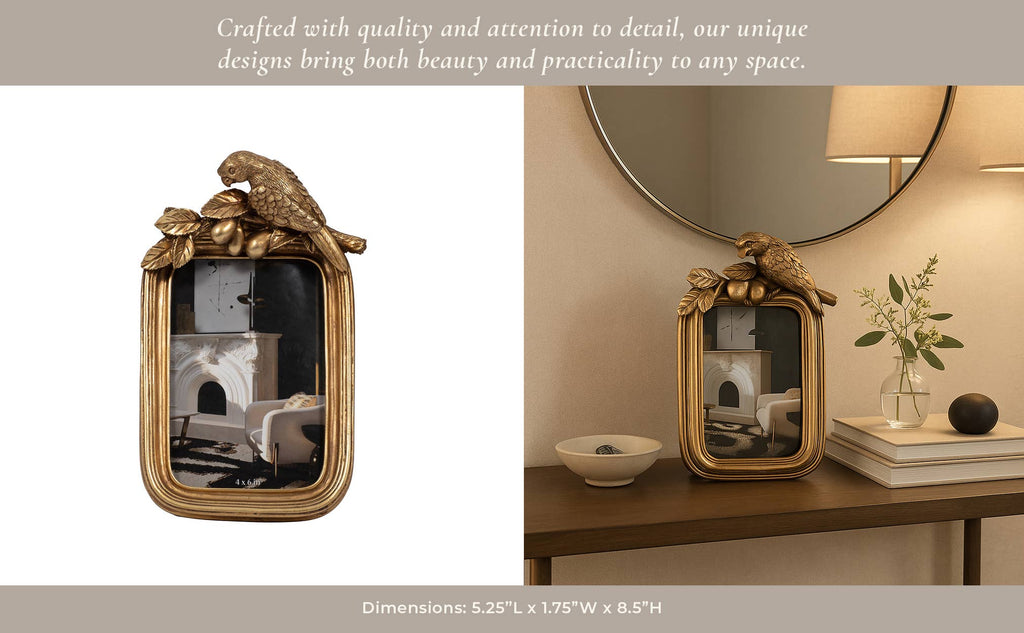 Decorative Picture Frame - Gold Polyresin Bird, 4x6 in.