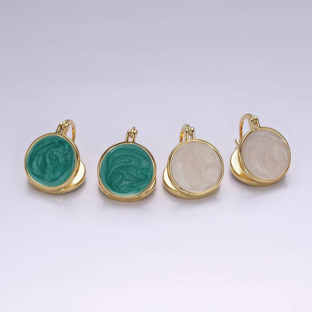14K Gold Filled Teal, White Enamel Round Triangle Latch Hoop Earrings | AE996 AE997