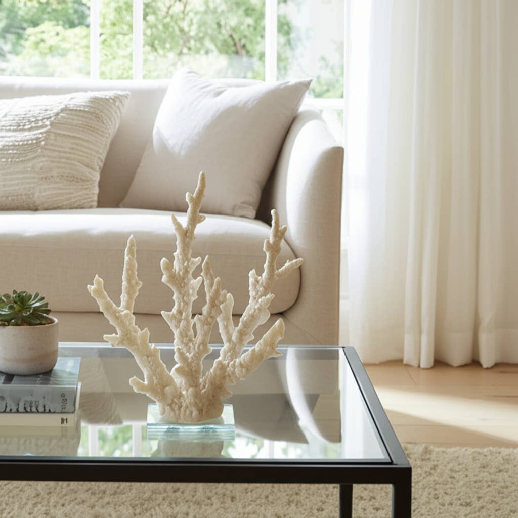 White Resin Branching Coral on Glass Base Figurine