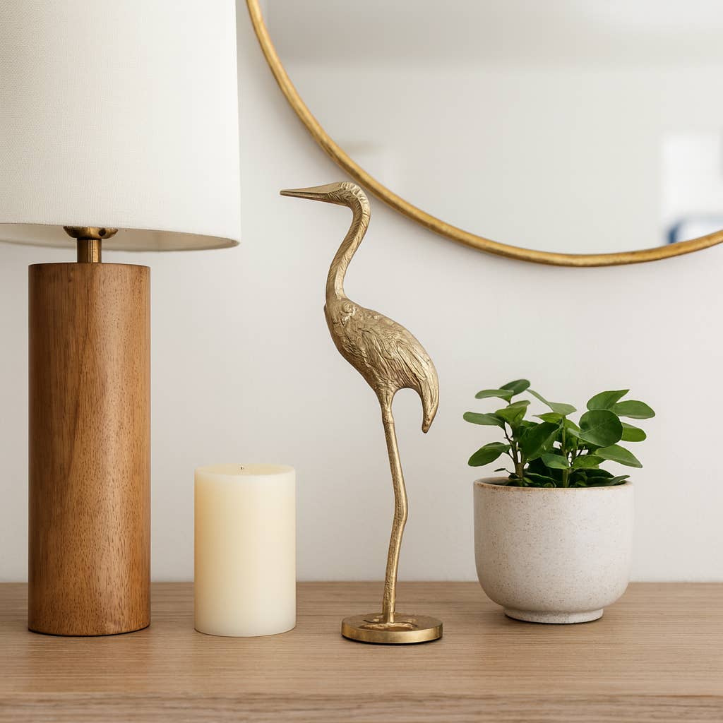Figurine - Gold Metal Standing Crane Gleaming Finish, 16 in.