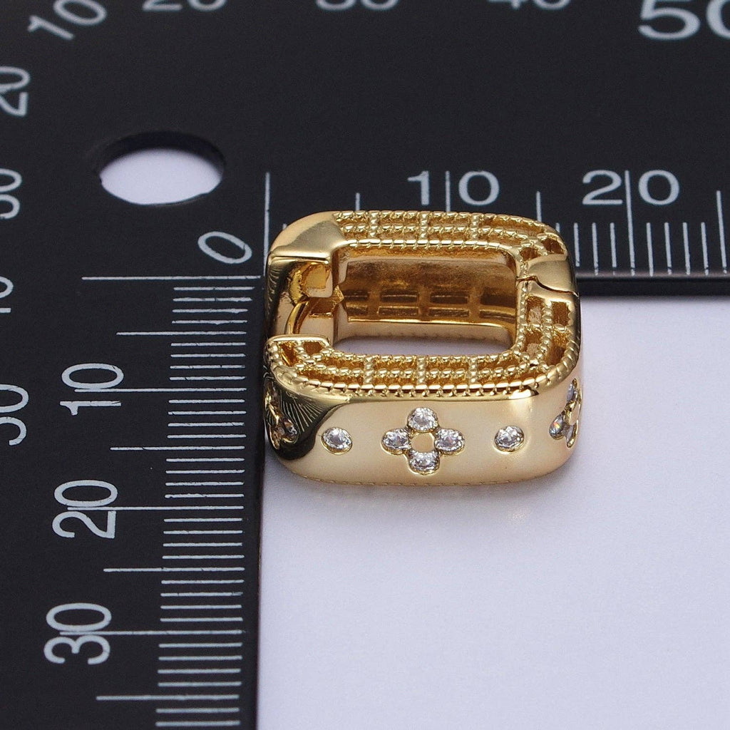 24K Gold Filled Clear Quatrefoil CZ Square Huggies Earrings | AB196