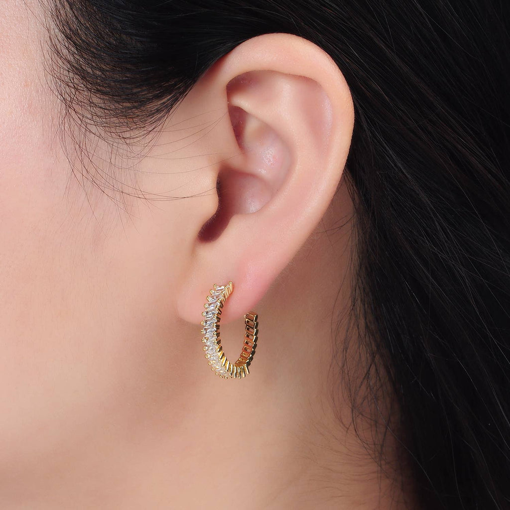 24K Gold Filled Baguette Lined J-Shaped Hoops | AD732