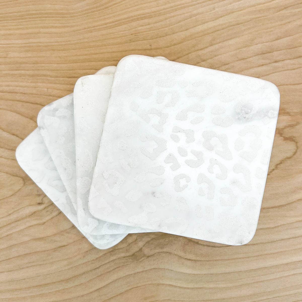 Leopard Etched Marble Coasters   White   4x4