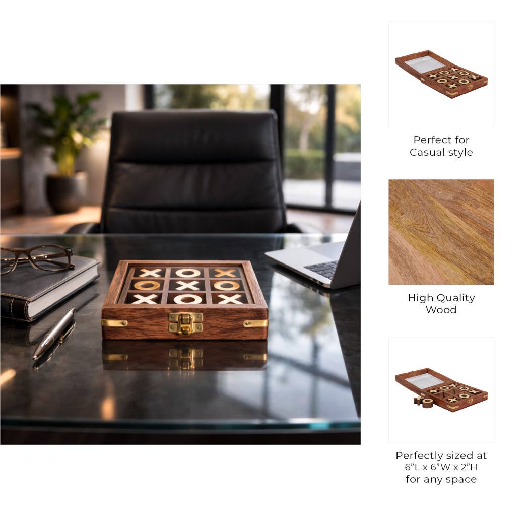 Game Board - Brown and Gold Wood Tic Tac Toe Case, 6 in.