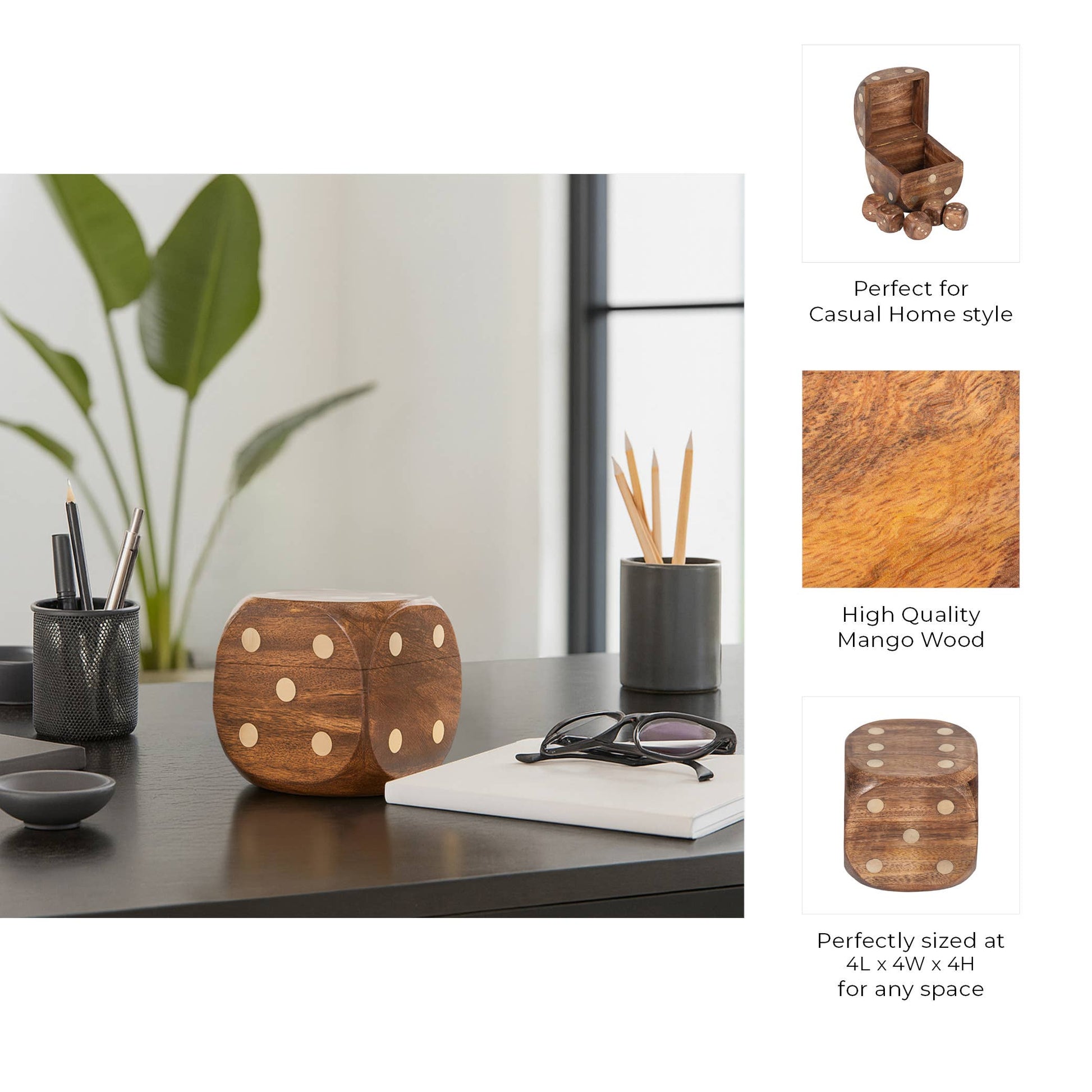 Box Game Set - Brown Mango Wood - Dice Shaped Storage