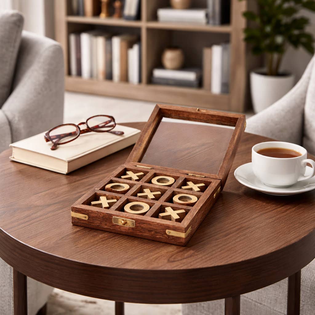 Game Board - Brown and Gold Wood Tic Tac Toe Case, 6 in.