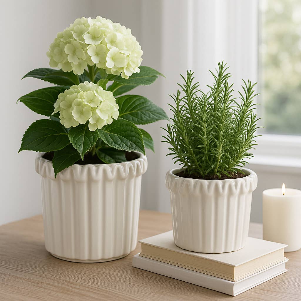 Stoneware Vertical Ridged Planters Set of 2 - Ivory, 9/7 in.