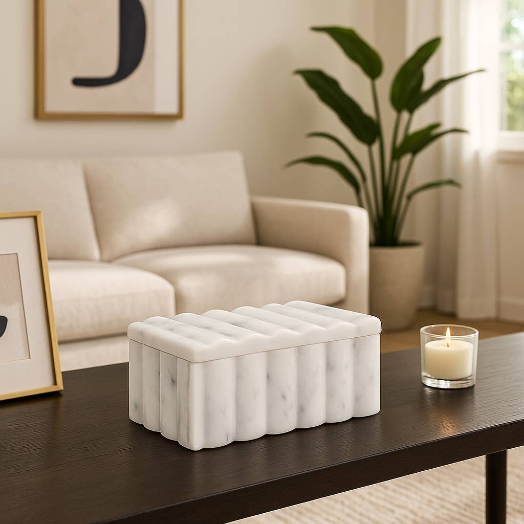White 7x3" Marble Rectangular Ridged Decorative Box
