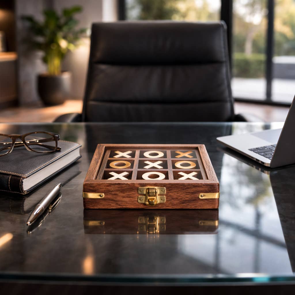 Game Board - Brown and Gold Wood Tic Tac Toe Case, 6 in.