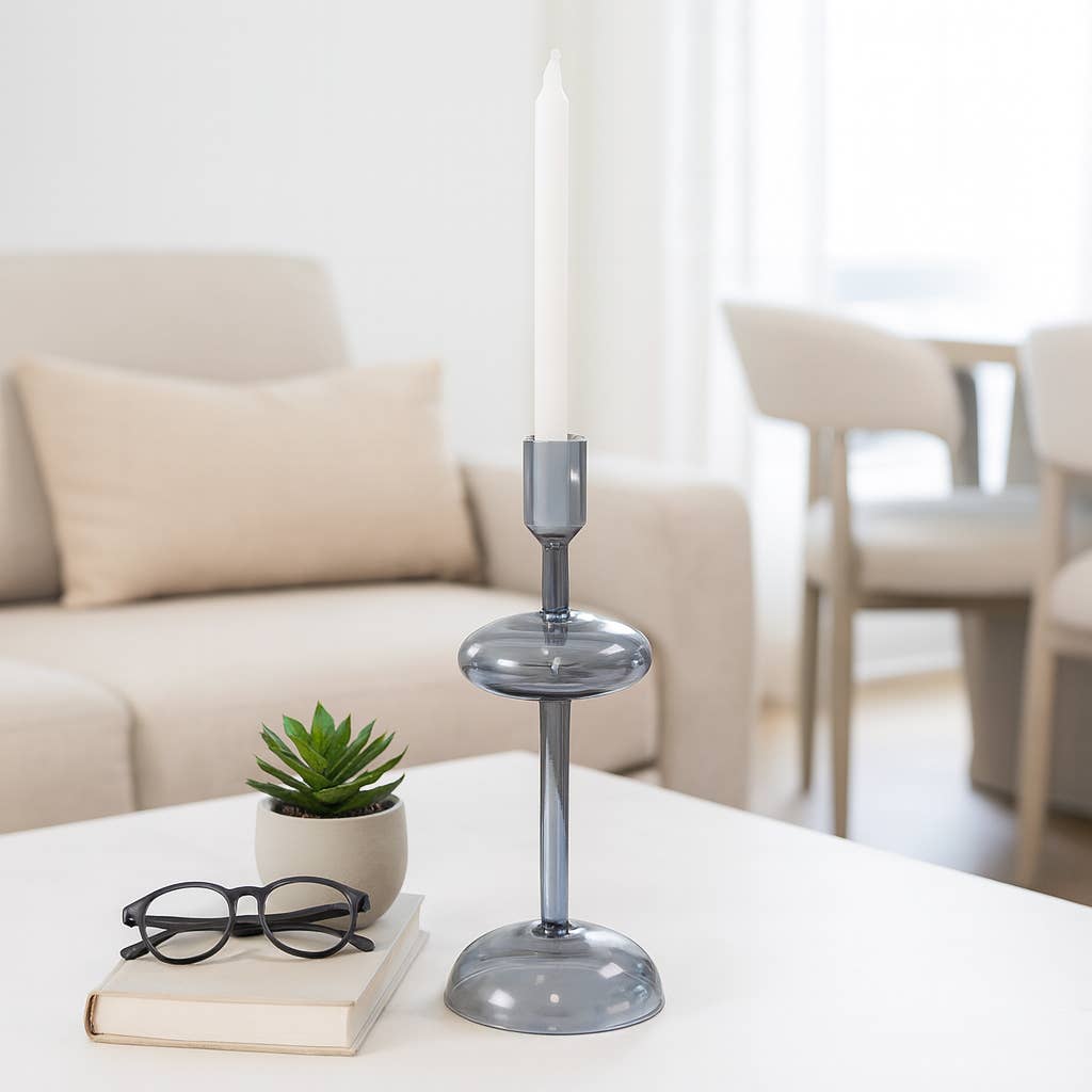 Candle Holder - Blue Glass Retro Bubble Taper, 10 in.