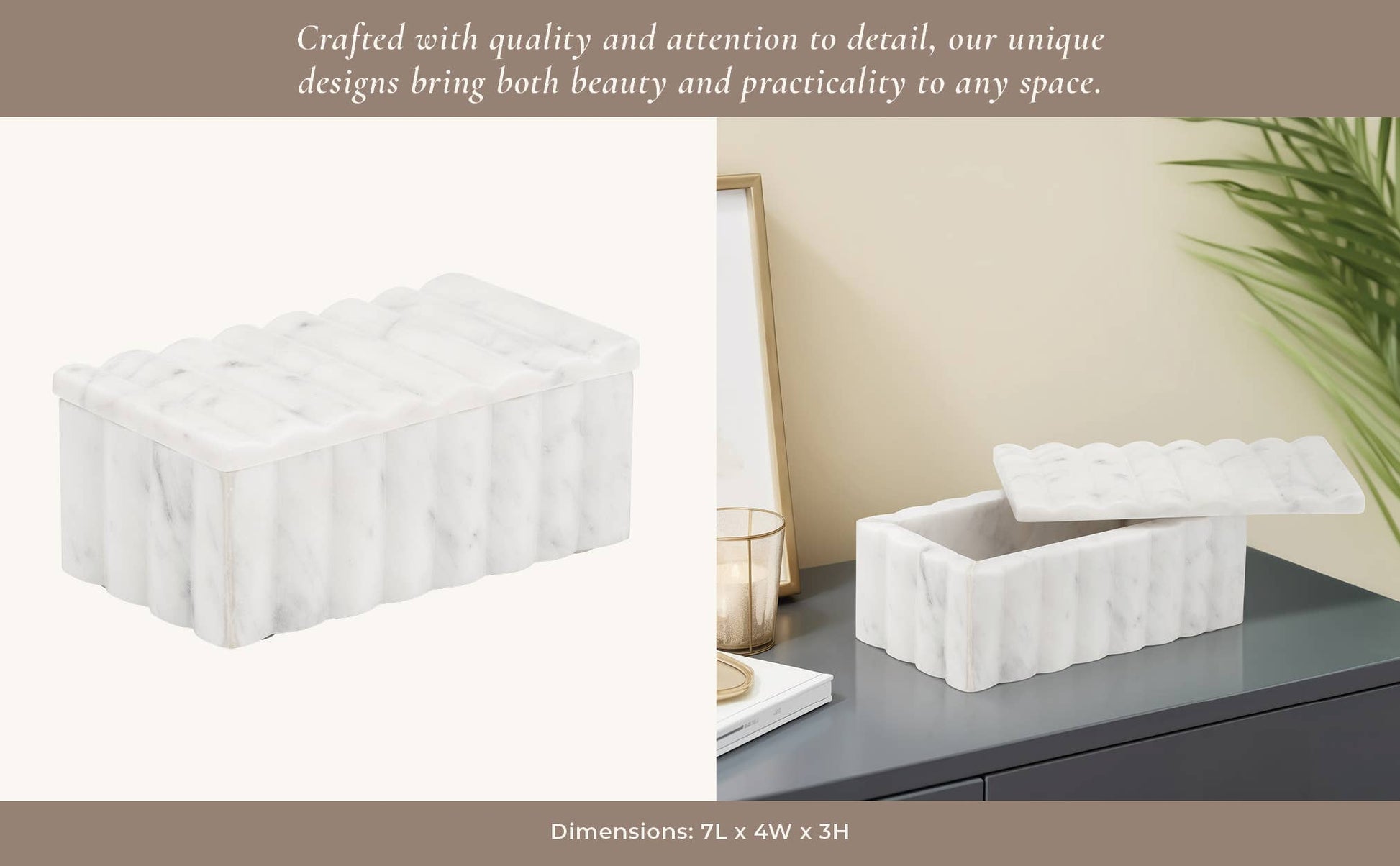 White 7x3" Marble Rectangular Ridged Decorative Box