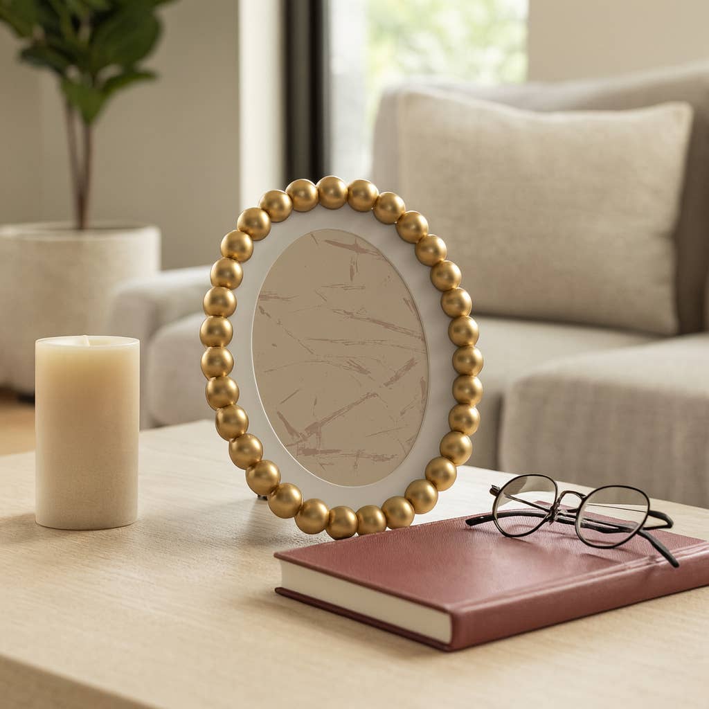 Photo Frame - Gold Glass Matted Round Beaded, 7x9 in.
