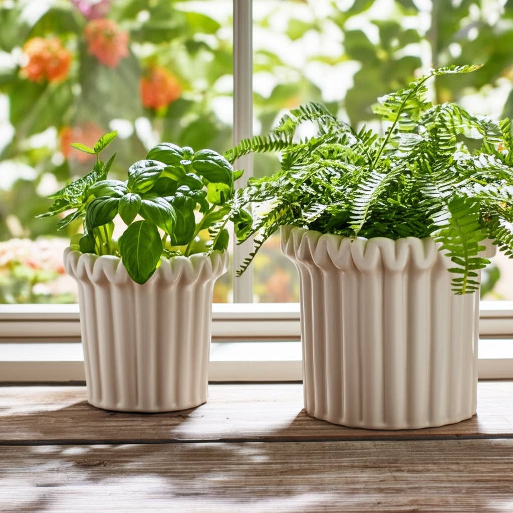 Stoneware Vertical Ridged Planters Set of 2 - Ivory, 9/7 in.