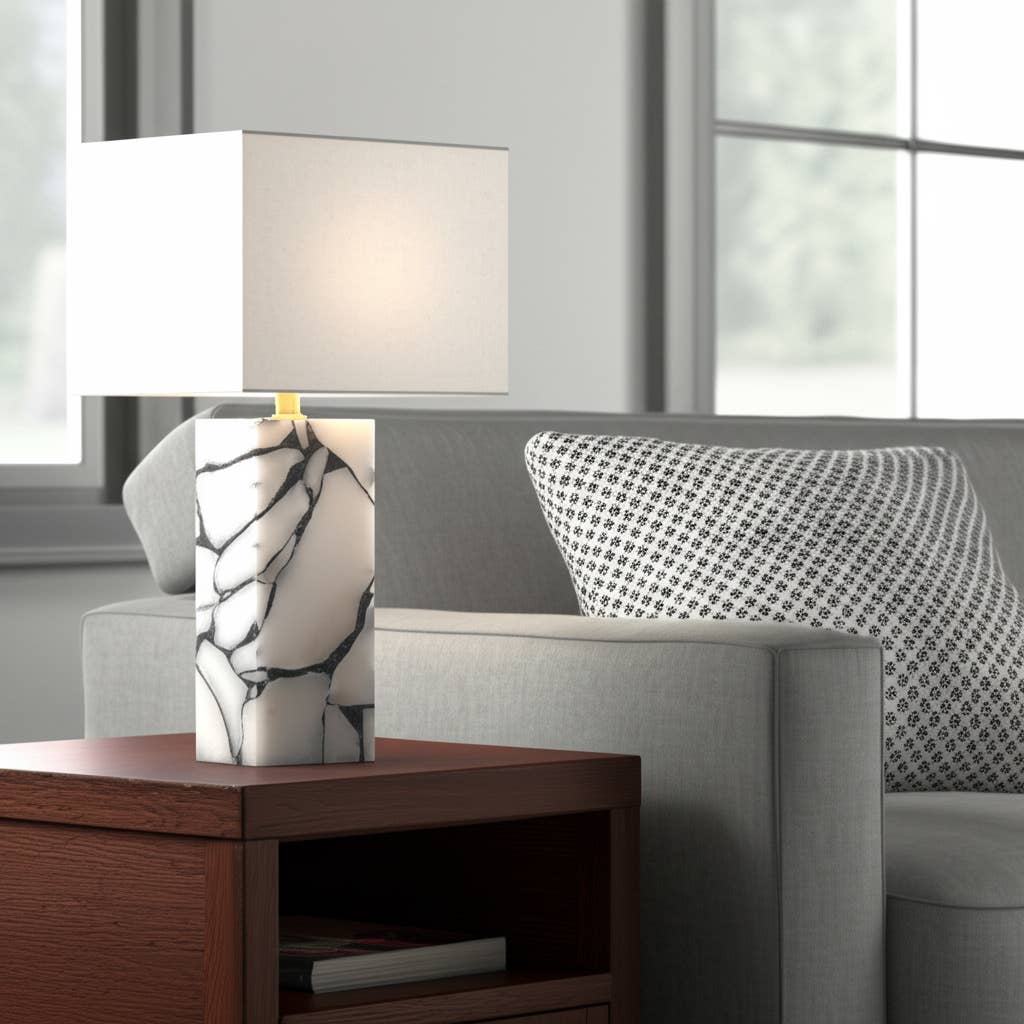 Table Lamp - White Stone Fabric Alabaster Pieces, 24 in.
