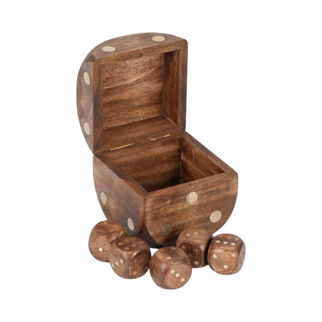 Box Game Set - Brown Mango Wood - Dice Shaped Storage