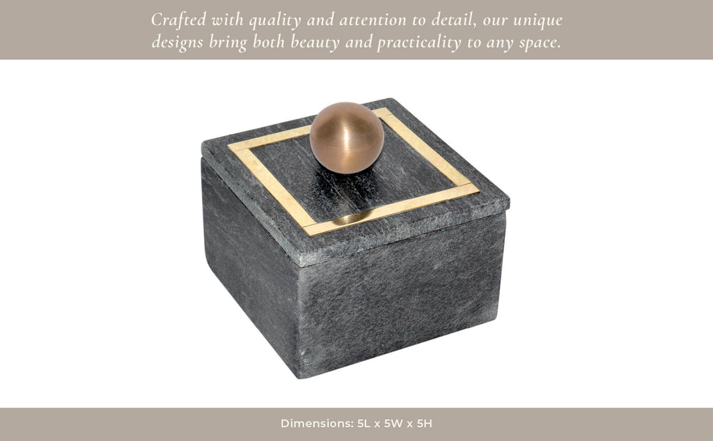 Marble Modern Square Storage Box with Knob - Black, 5 in.