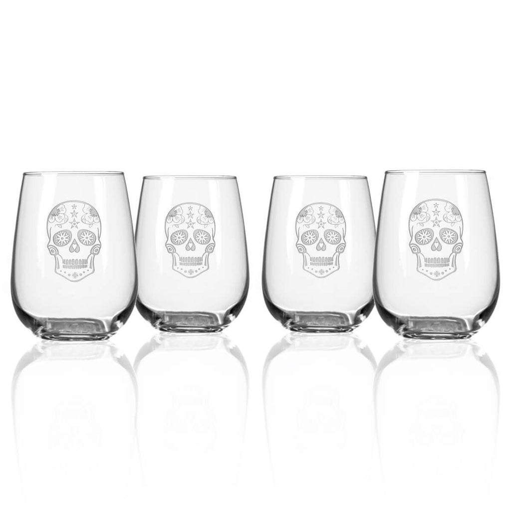 Sugar Skull 17oz Stemless Wine - Halloween Glassware - SET OF TWO