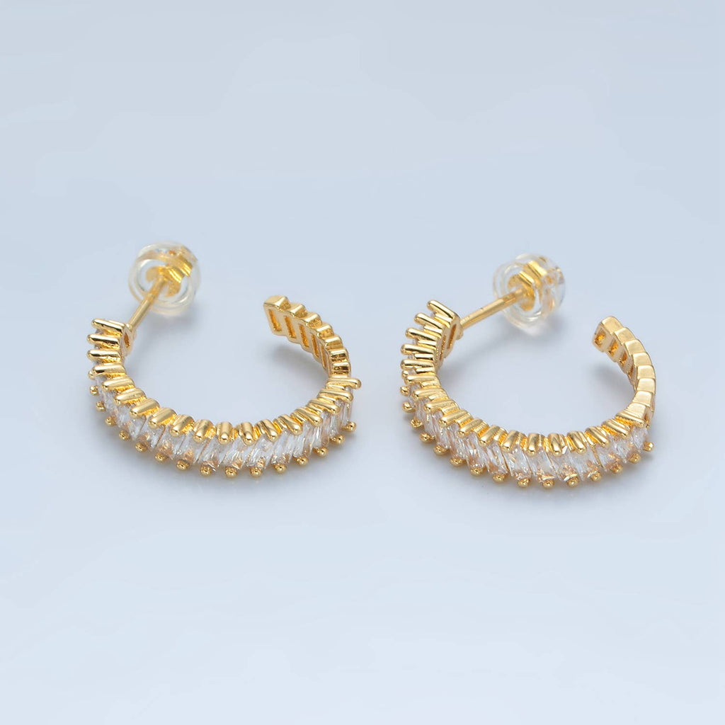24K Gold Filled Baguette Lined J-Shaped Hoops | AD732