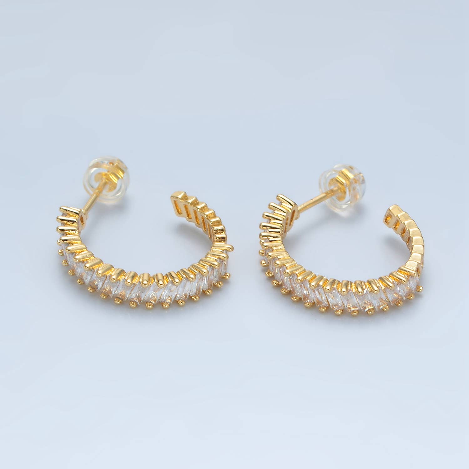 24K Gold Filled Baguette Lined J-Shaped Hoops | AD732