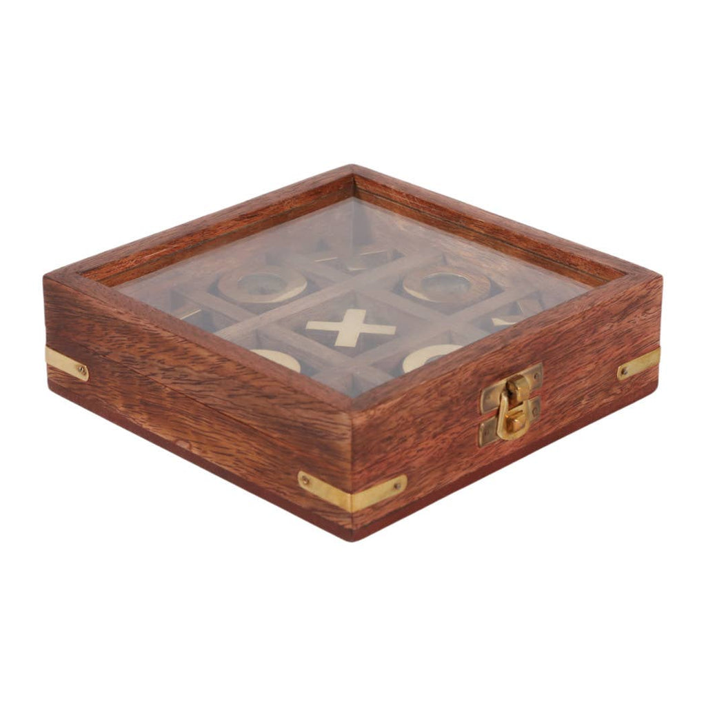 Game Board - Brown and Gold Wood Tic Tac Toe Case, 6 in.