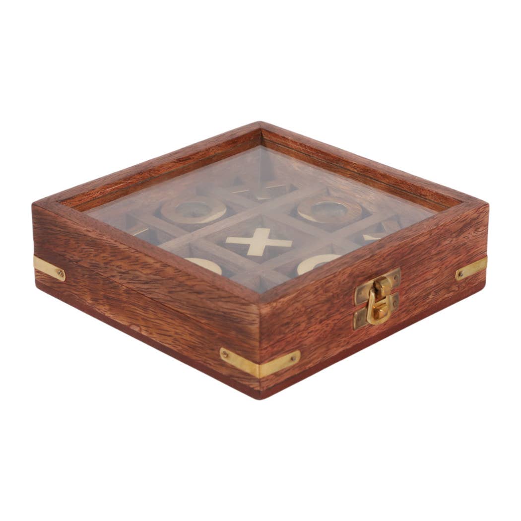 Game Board - Brown and Gold Wood Tic Tac Toe Case, 6 in.