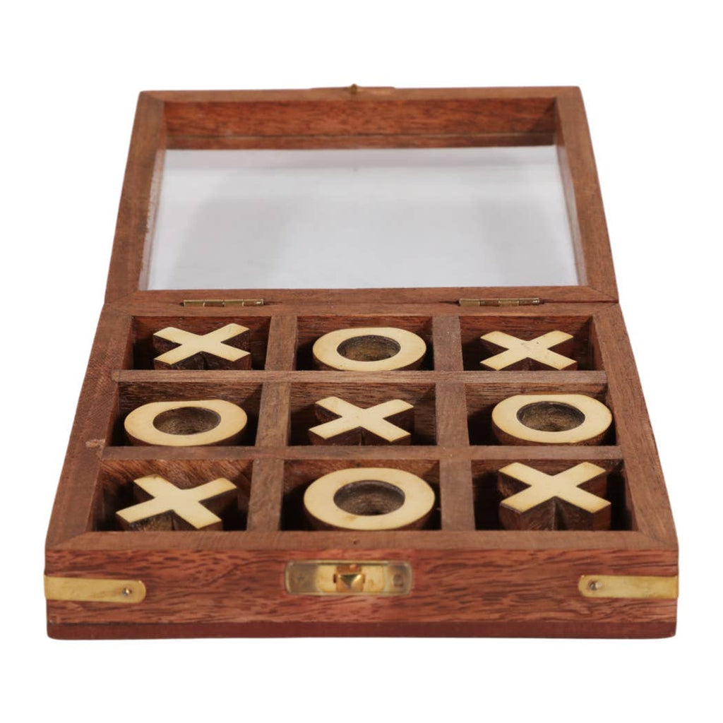 Game Board - Brown and Gold Wood Tic Tac Toe Case, 6 in.