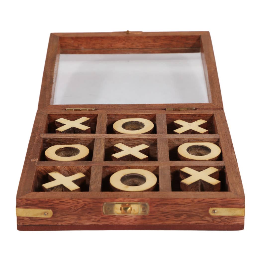 Game Board - Brown and Gold Wood Tic Tac Toe Case, 6 in.