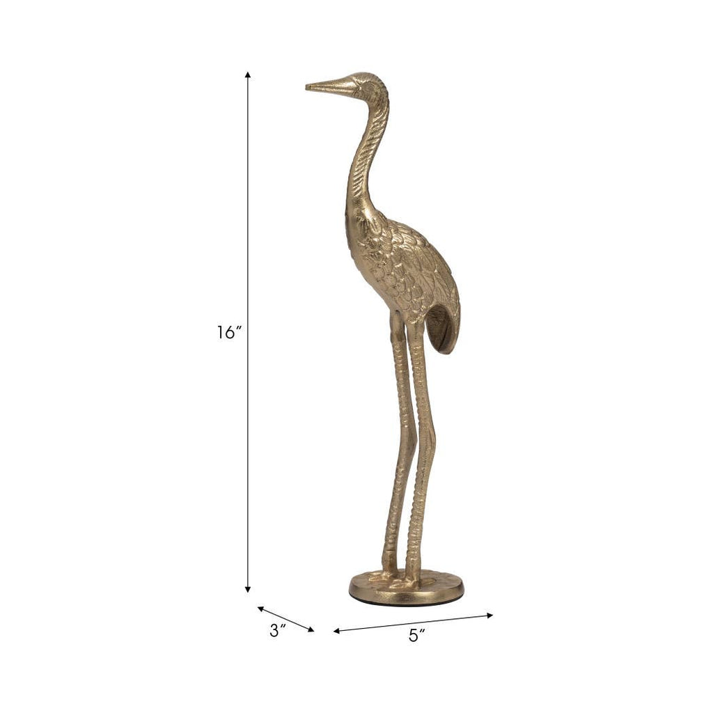 Figurine - Gold Metal Standing Crane Gleaming Finish, 16 in.