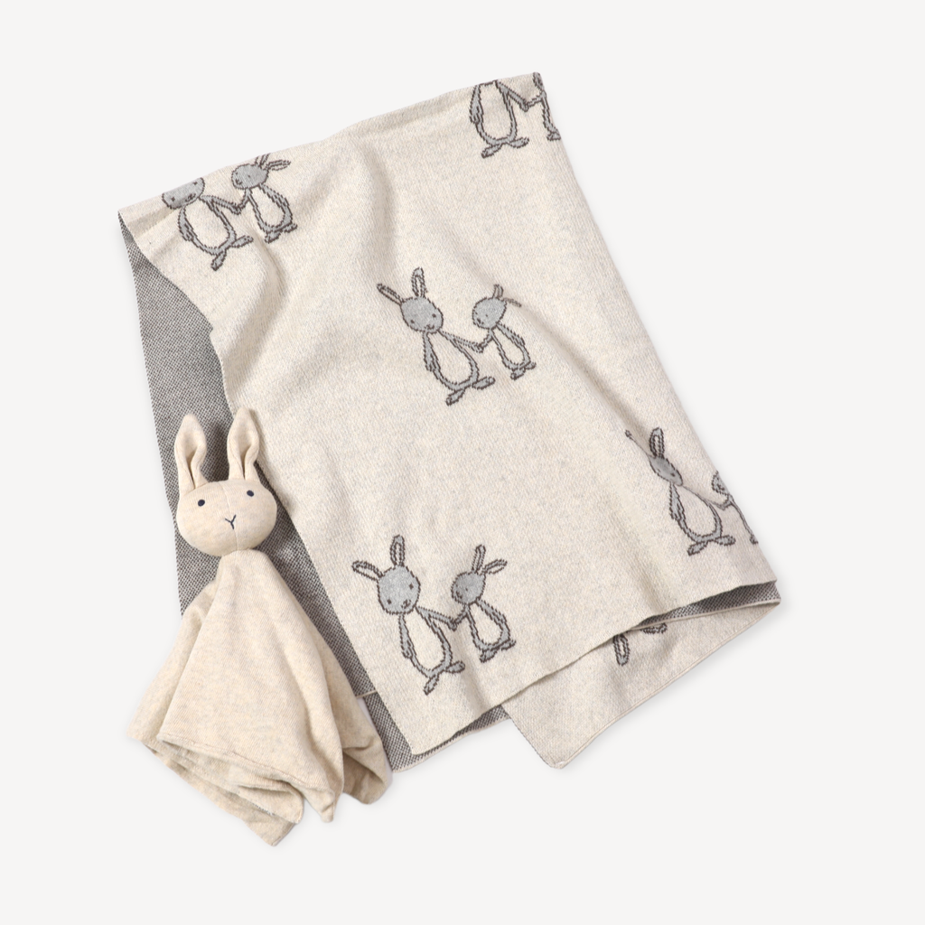 Bunny Mommy & Me Baby Knit Blanket & Lovey Gift SET