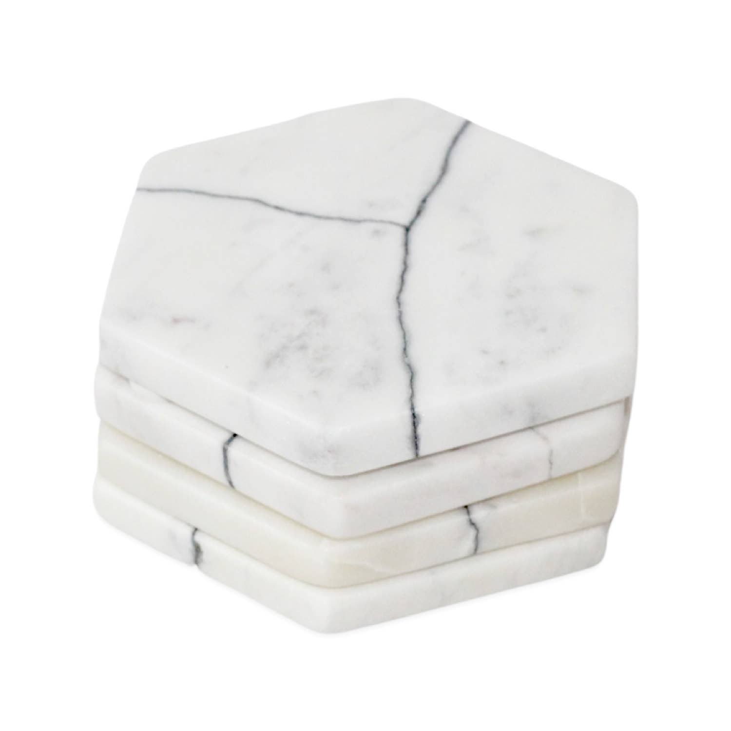 Set of 4 Veined White Marble Hexagon Coasters