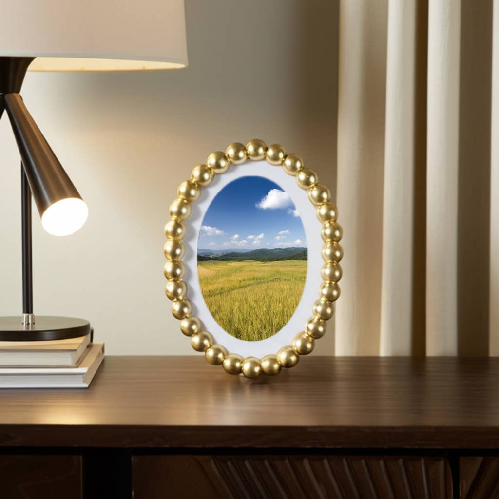 Photo Frame - Gold Glass Matted Round Beaded, 7x9 in.