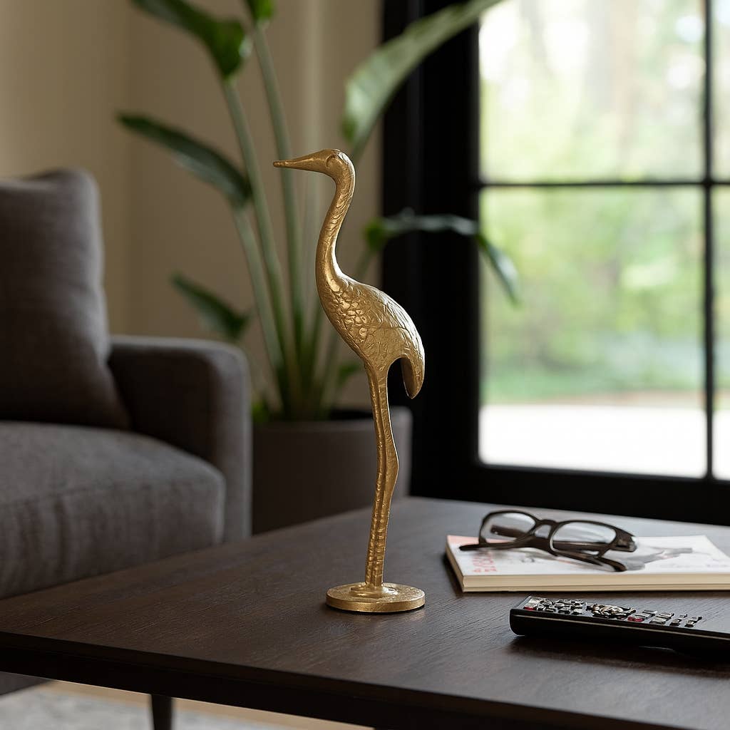 Figurine - Gold Metal Standing Crane Gleaming Finish, 16 in.