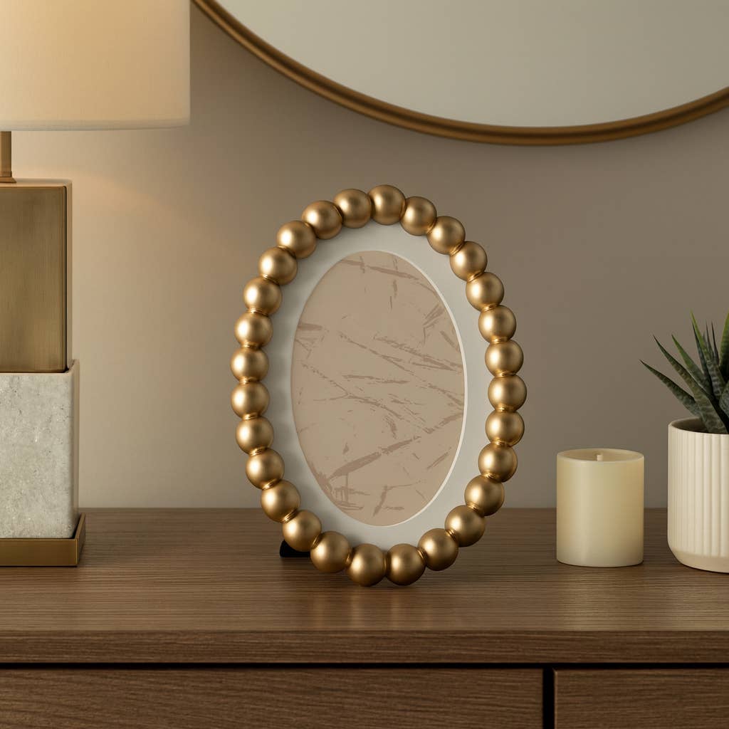 Photo Frame - Gold Glass Matted Round Beaded, 7x9 in.