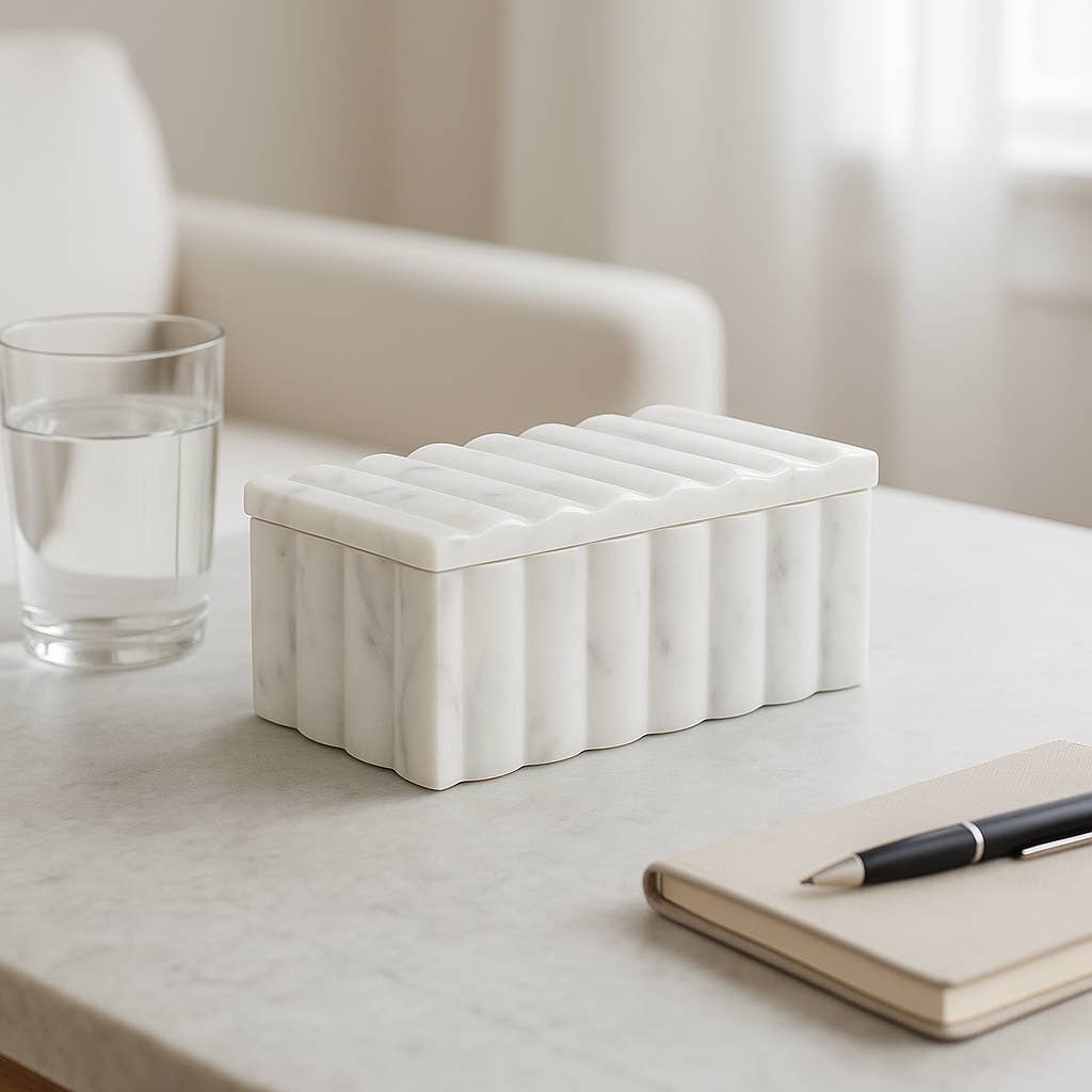 White 7x3" Marble Rectangular Ridged Decorative Box
